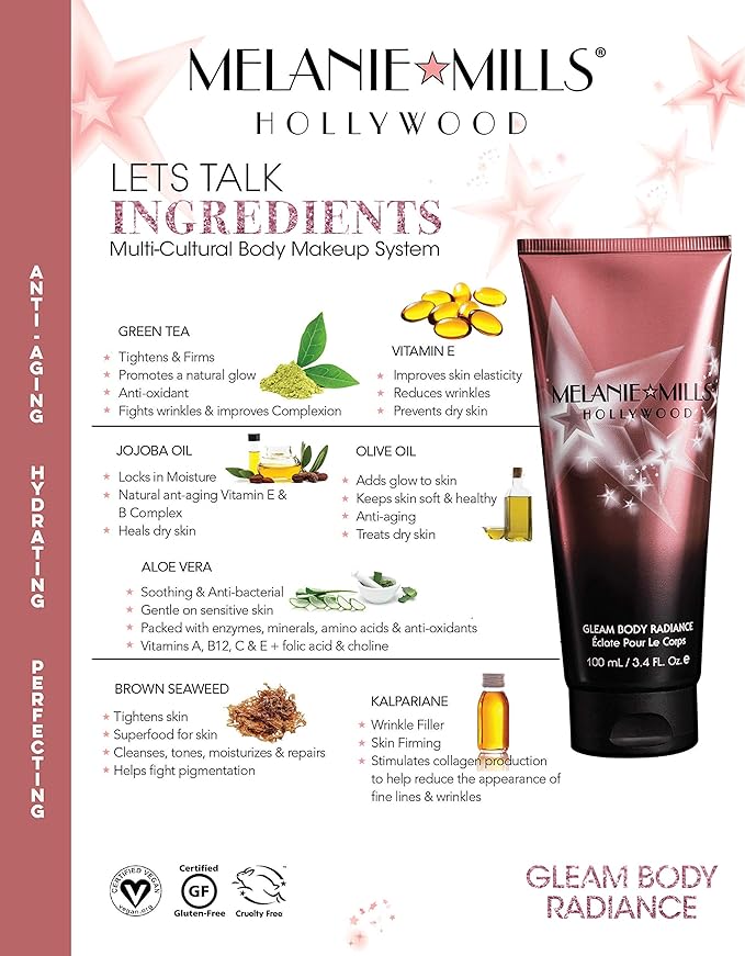 Melanie Mills Hollywood Gleam Body Radiance All In One Makeup, Moisturizer & Glow For Face & Body - Bronze Gold, Mini 1 fl.oz.