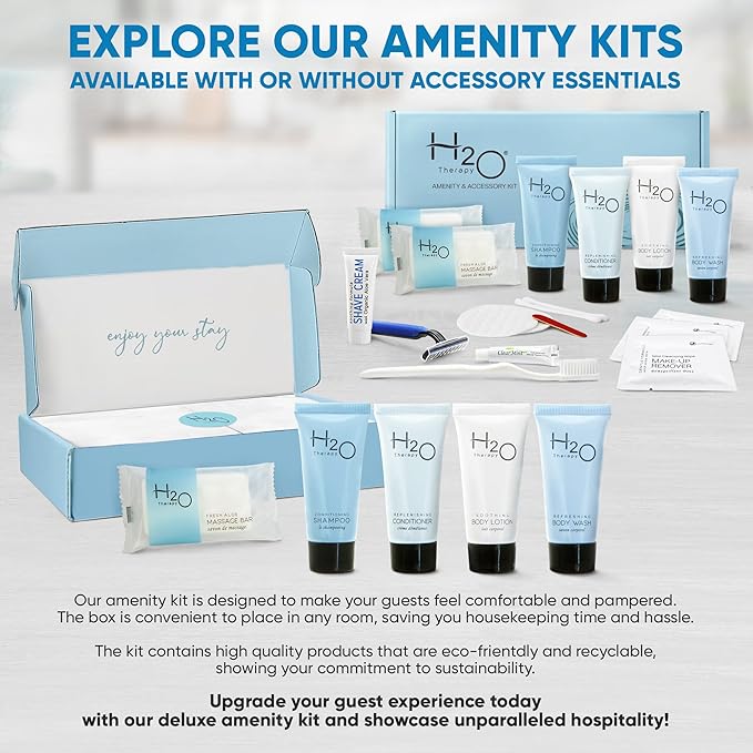H2O Therapy Amenity & Accessory Kit | 0.85 oz Travel Size Shampoo, Conditioner, Lotion, Body Wash, Massage Bar, Cleansing Bar, Shave & Dental Sets, Make-Up Remover Wipes, & Vanity Kit | 15 sets/case