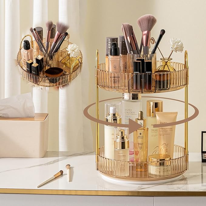 Rotating Makeup Organizer for Vanity, High-Capacity Skincare Clear Make Up Storage Perfume Organizers Cosmetic Dresser Organizer Countertop 360 Spinning (Gold, New-2 Tier)