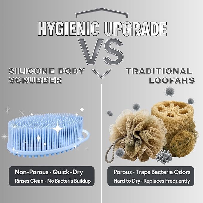 Avilana Silicone Body Scrubber – Gentle Shower Brush & Loofah Alternative- Food Grade & Lab Tested – Fast-Drying, Hygienic, BPA-Free Silicone Body Gentle Exfoliator (Blue, Massage)