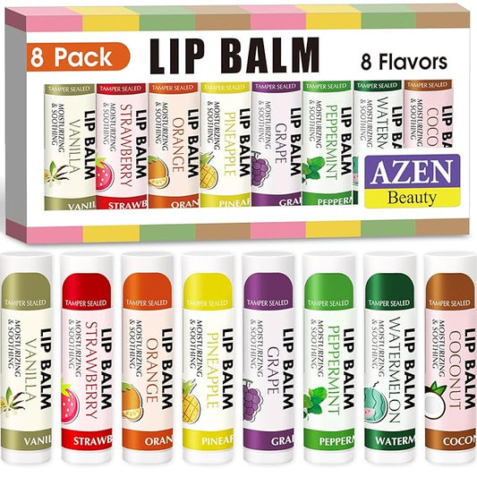 AZEN 8 Pack Lip Balm Stocking, Natural Lip Balm Bulk, Moisturizing Lip Balm for Dry Lips