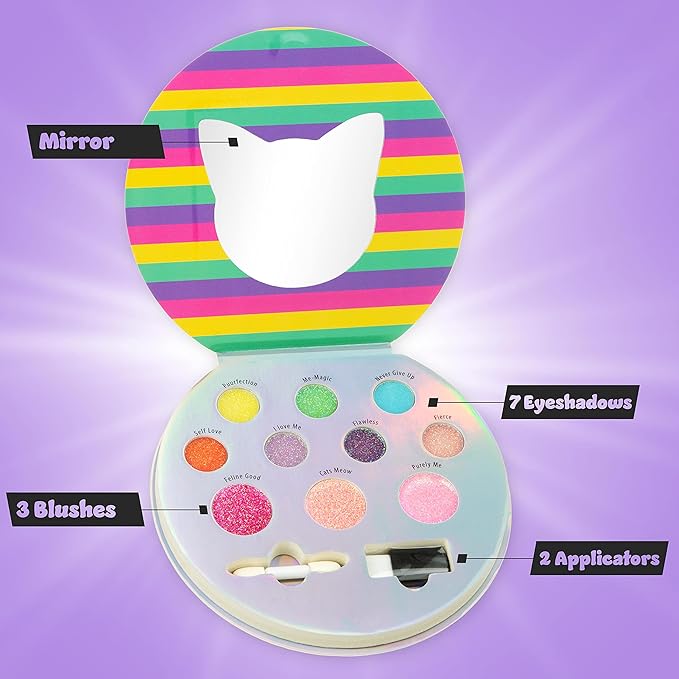 Expressions Perfectly Me Glisten & Glitter Makeup Palette 10 Color Eyeshadow Palette & Blush Makeup Novelty Beauty Set, Fold Out Compact with Mirror, Cute Makeup Kit Gifts - Washable, Non-Toxic