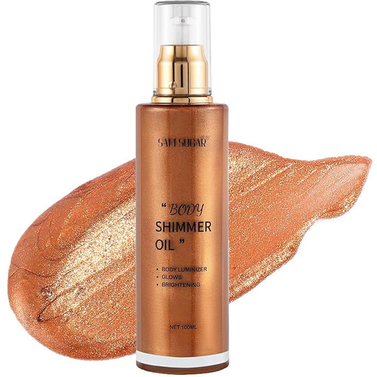 Shimmer Body Oil, Long Lasting Moisturizing Body Glow Glitter for Women Face Luminizer Highlighter Makeup 100ml Shimmer Oil for Glowing Skin Lotion (Bronze Gold)