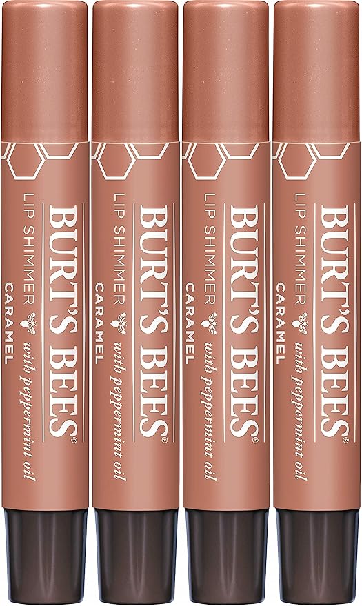 Burt's Bees Shimmer Lip Tint Set, Tinted Lip Balm Stick, Moisturizing for All Day Hydration with Natural Origin Glowy Pigmented Finish & Buildable Color, Caramel (4-Pack)