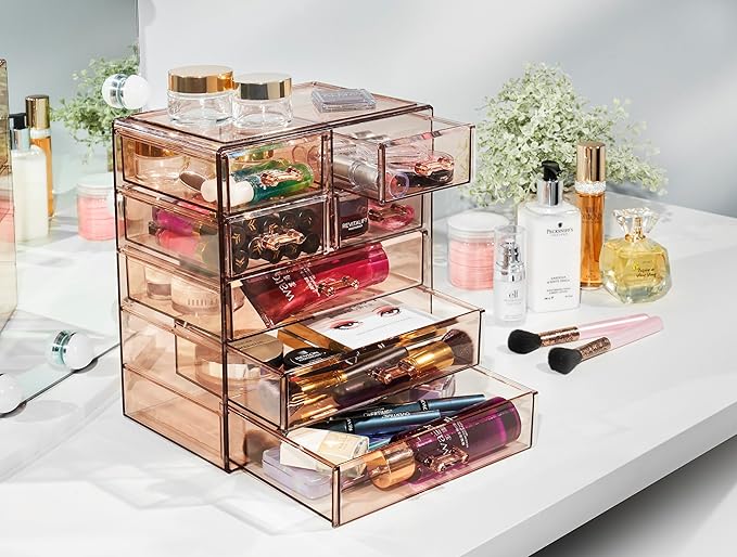 Sorbus Acrylic Clear Makeup Organizer - Big & Spacious Cosmetic Display Case - Stylish Designed Jewelry & Make Up Organizers and Storage for Vanity, Bathroom (4 Large, 2 Small Drawers) [Bronze Glow]