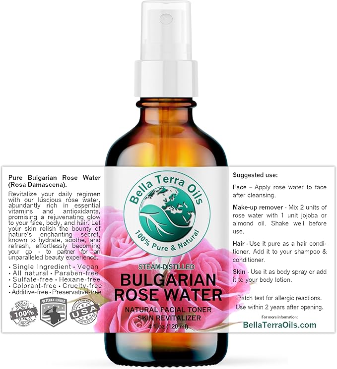 Bella Terra Oils - Organic Rose Water Mist 4 oz - Capture The Bulgarian Rose Essence, Perfect as a Gentle Rosewater Face Mist, Free from Synthetics