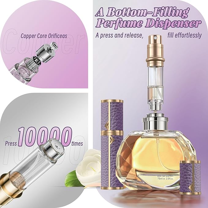 Perfume Travel Refillable Bottle,Genuine Leather Bottom-Filling Fragrances Perfume Atomizer,Mini Cologne Dispenser,Portable Sprayer Pocket Size for Cruise Car Trip Purse Gift 5ml (Purple)