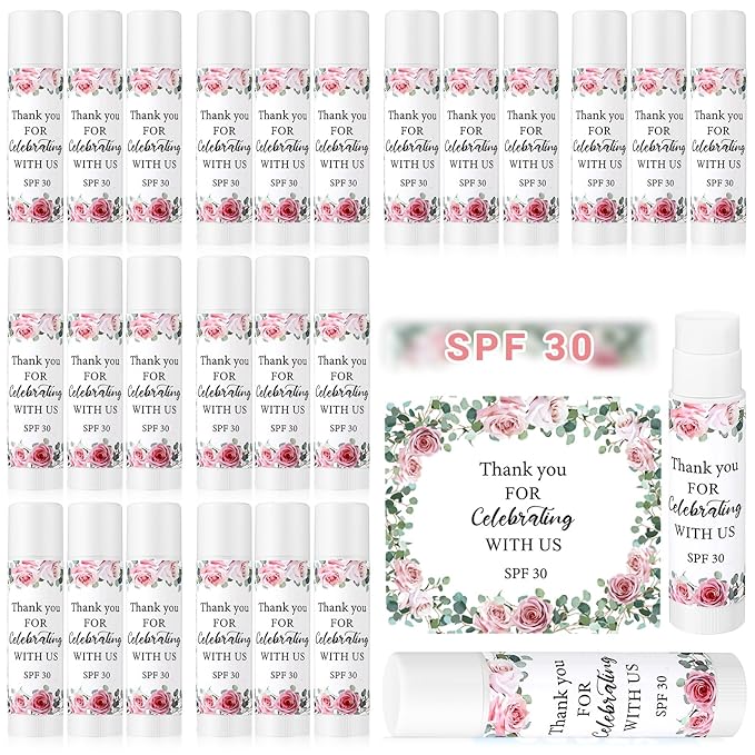 24 Pcs SPF 30 Lip Balm Bulk for Summer Wedding Baby Shower 4th of July Party Sunscreen Lip Balm Sticks Outdoor Travel Sunscreen Care Lip Balm for Thank You Gifts Party Supplies (Floral)
