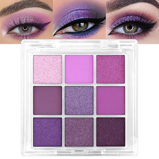 Erinde 9 Colors Purple Pink Lavender Glitter Shimmer Matte Eye Shadow Palette Makeup, Highly Pigmented Waterproof Violet Mauve Dark Purple Silver Pearl White Shimmer Sparkling Party Eyeshadow Palette