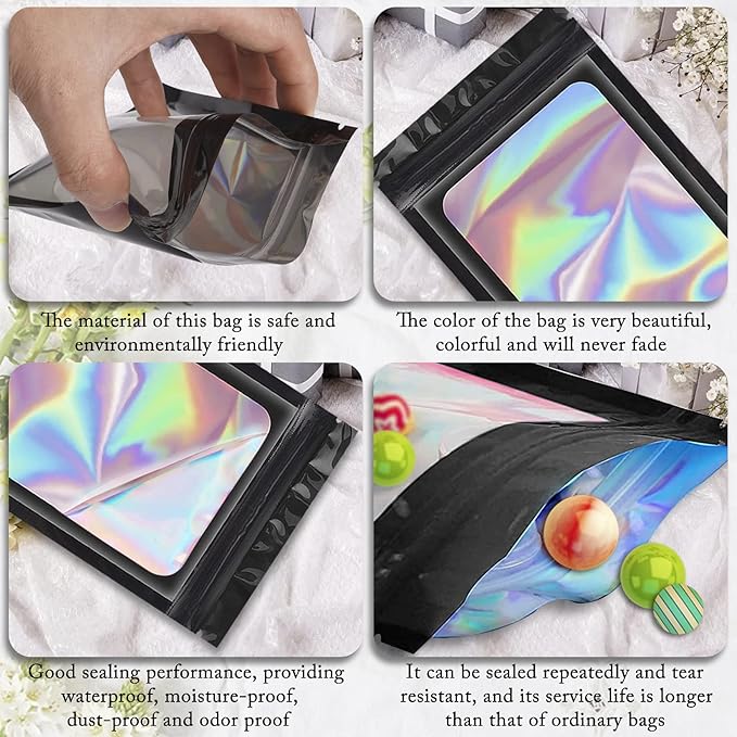 100 Pieces Smell Proof Mylar Bags, Holographic Packaging Bags, Resealable Odor Foil Pouch Zipper Bag with Clear Window for Food Storage and Lipgloss, Jewelry Lash (Black, 4 x 6 Inch)