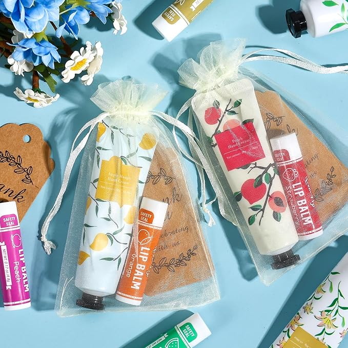 AZEN 24 Sets Hand Cream Bulk and Lip Balm Bulk Set, Bridal Shower Gifts for Guests, Thank You Gifts for Coworkers Women Men with Organza Bag Thank You Card, Bridal Wedding Favors for Guests