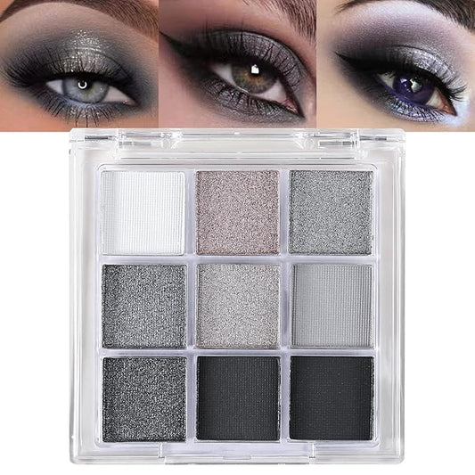 Erinde Black Smokey Gray Silver Eyeshadow Palette, 9 Colors Matte Shimmer Glitter Eye Shadow Makeup Pallet, Highly Pigmented Long Lasting Waterproof, Natural Neutral Shiny Eyeshadow Make Up Palette