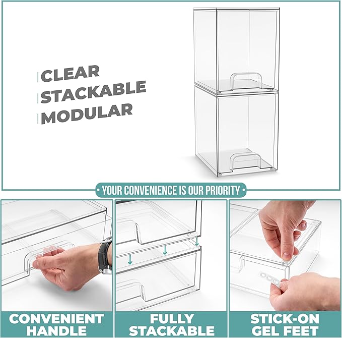 Sorbus Acrylic Storage Containers - 2 Pack, Stackable Storage Bins Set for Bathroom Organization - Clear Acrylic Drawer Organizers - Makeup Case Pull-Out Drawers (7.6’’ Tall)