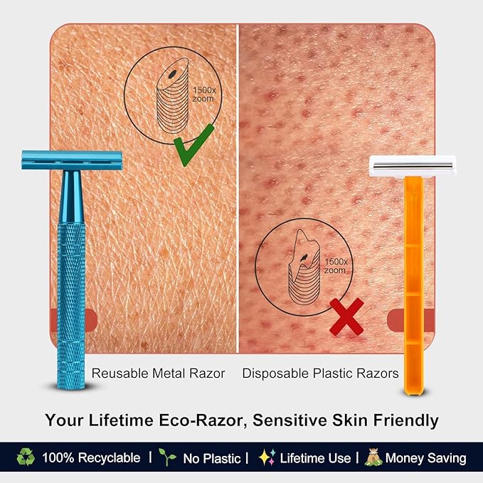 Double Edge Safety Razor, Single Blade Razors for Men and Women, with 10 Stainless Steel Safety Razor Blades, Smooth and Close Wet Shaving, Plastic Free, Blue