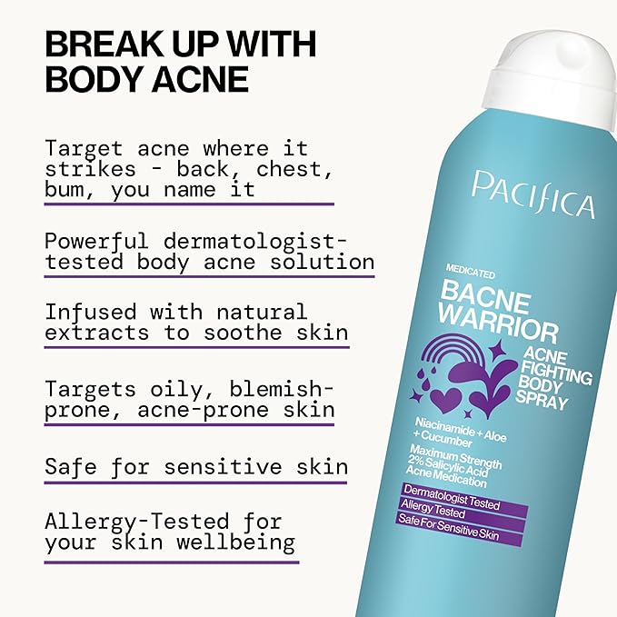 Pacifica Bacne Acne Cleanser Spray - Bacne Warrior - Body Spray for Acne Treatment - w/ 2% Salicylic Acid Niacinamide & Aloe - for Body, Chest & Back Acne for Teens & Adults Vegan Dermatologist Tested