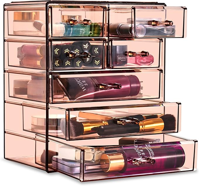 Sorbus Acrylic Clear Makeup Organizer - Big & Spacious Cosmetic Display Case - Stylish Designed Jewelry & Make Up Organizers and Storage for Vanity, Bathroom (4 Large, 2 Small Drawers) [Bronze Glow]