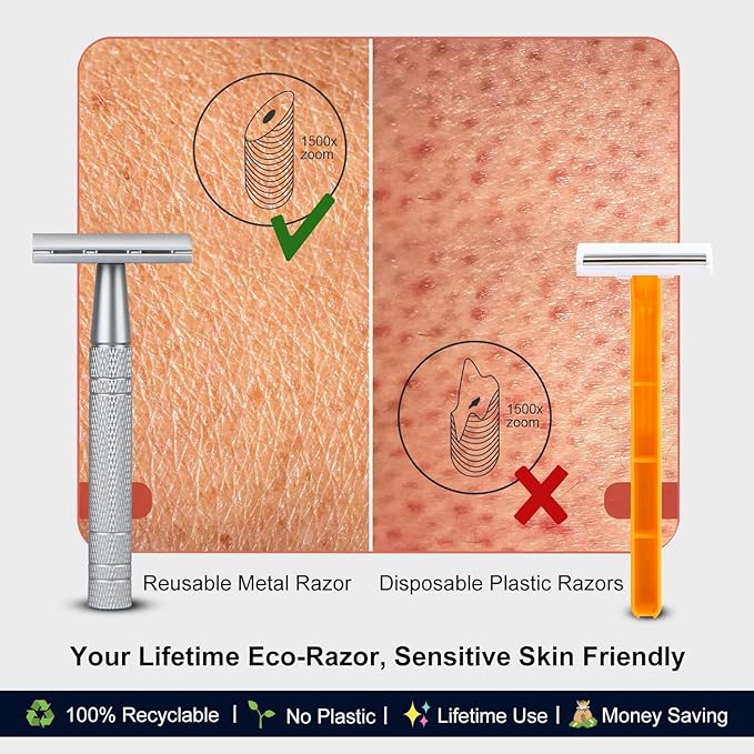 Double Edge Safety Razor, Single Blade Razors for Men and Women, with 10 Double Edge Blades, Reusable Metal 1 Blade Razor, Eco-Friendly, Zero Waste, Smooth and Close Shave, Matte Silver