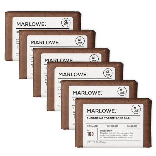 MARLOWE. No. 109 Coffee Bar Soap 7 oz (6 Bars) – Exfoliating Body Scrub for Men with Natural Extracts, Caffeine, Coffee Bean & Cocoa Butter – Energizing Fresh Brewed Scent