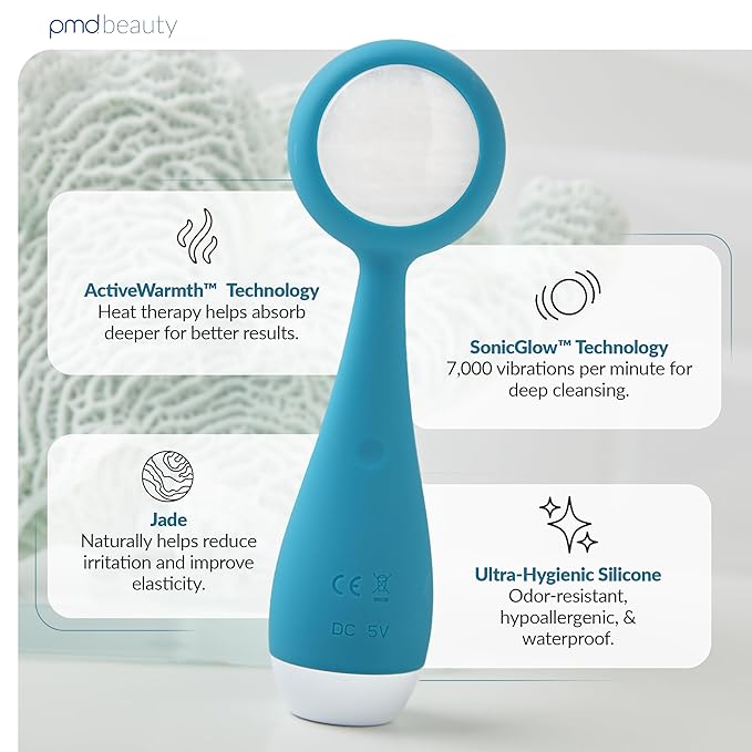 PMD Beauty Clean Pro Jade - Smart Facial Cleansing Device with Silicone Brush & Jade Gemstone ActiveWarmth Anti-Aging Massager - Waterproof - SonicGlow Vibration - Clear Pores & Blackheads