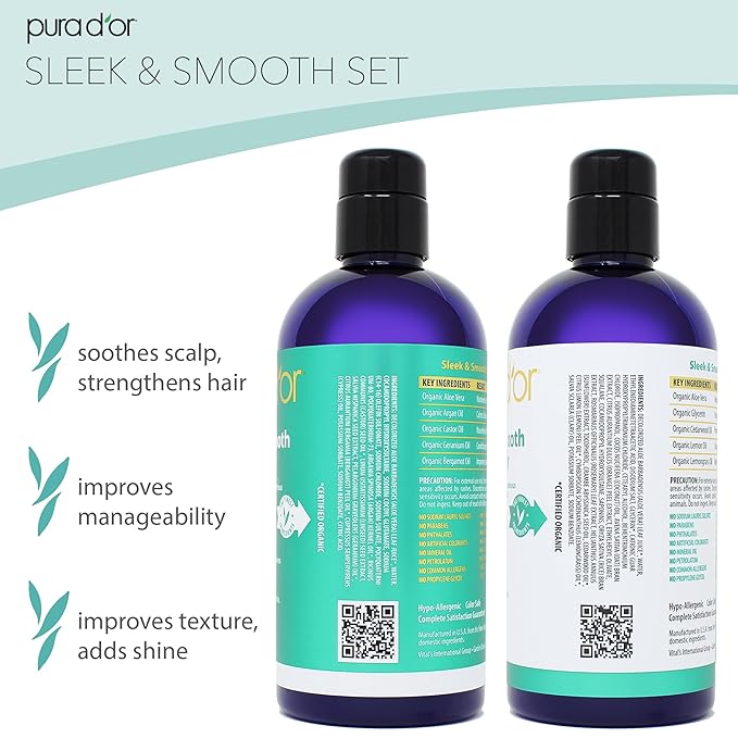 PURA D'OR Sleek & Smooth Shampoo and Conditioner Set For Frizz-Free & Silky Smooth Hair, Infused with Organic Aloe Vera, Argan Oil, Castor Oil, Bergamot Oil & Geranium Oil
