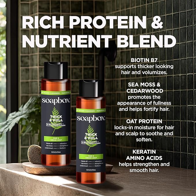 Soapbox Men's Thick and Full 2 in 1 Shampoo and Conditioner Men, Natural Mens Shampoo and Conditioner, Oak & Cedar Leaf, 16oz