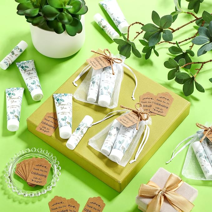 200 Pcs Baby Shower Wedding Party Favors Gift Set, 50 Pcs Baby Shower Hand Cream and 50 Lip Balm for Wedding Bridesmaid Guests Gift Supplies with 50 Organza Bag 50 Thank You Tag(Eucalyptus)