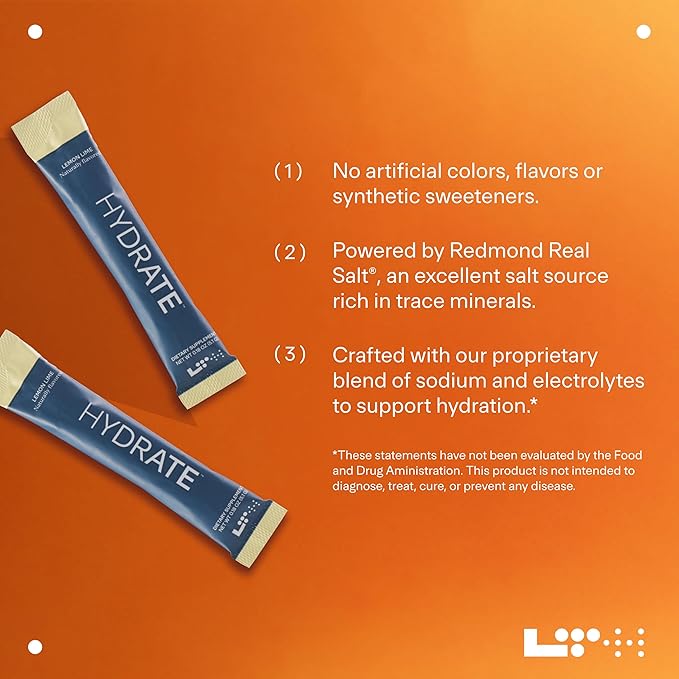 LTH Hydrate Hydration Mix - Trusted by Life Time Fitness Members - NSF Certified for Sport - Electrolyte Powder - Plant-Based, Non-GMO, Gluten Free - 15 Single-Serve Packets (Lemon Lime)