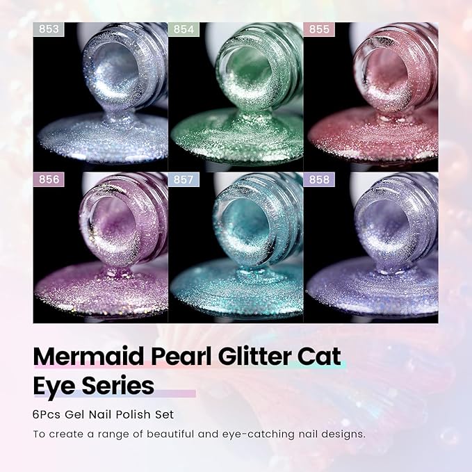 RARJSM Aurora Mermaid Cat Eye Gel Nail Polish Set 6 Colors Velvet Silver Glitter Pink Green Blue Purple Galaxy Star Shimmer Gel Polish with Magnetic Stick UV LED Curing Requires Soak Off Home Salon