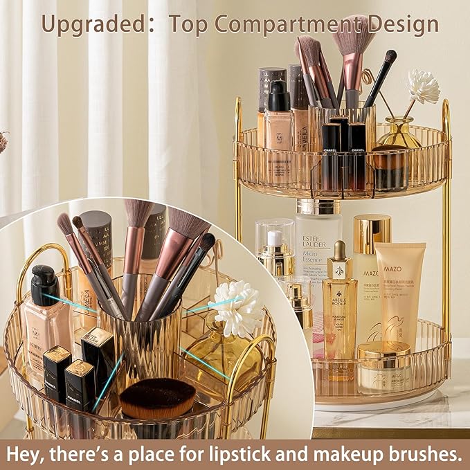 Rotating Makeup Organizer for Vanity, High-Capacity Skincare Clear Make Up Storage Perfume Organizers Cosmetic Dresser Organizer Countertop 360 Spinning (Gold, New-2 Tier)