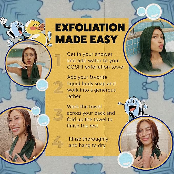 GOSHI Exfoliating Shower Towel - Rip-Resistant Exfoliating Washcloth for All Skin Types - Moss Green - Made in Japan