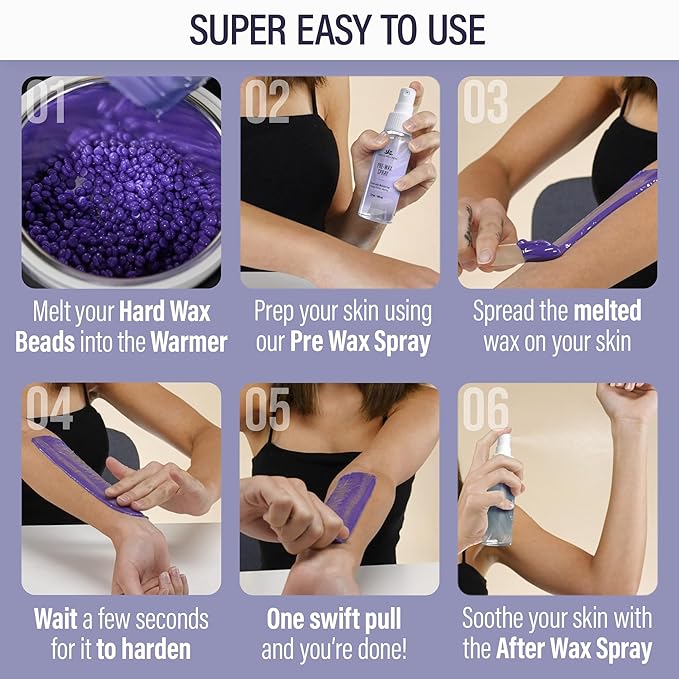 Tress Wellness Waxing Kit for Sensitive Skin – Safe for Face & Skin, Prep & Aftercare Spray, Easy to Use – At-Home Kit for Face, Bikini, Brazilian & Full Body - Digital Display, Purple