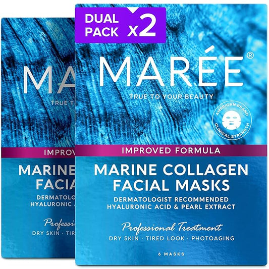 MAREE Collagen Facial Mask with Hyaluronic Acid 2 PACK - Hydrating Face Masks Skincare - Mascarillas Faciales For Women Skin Care - Multicolor, 12 Count