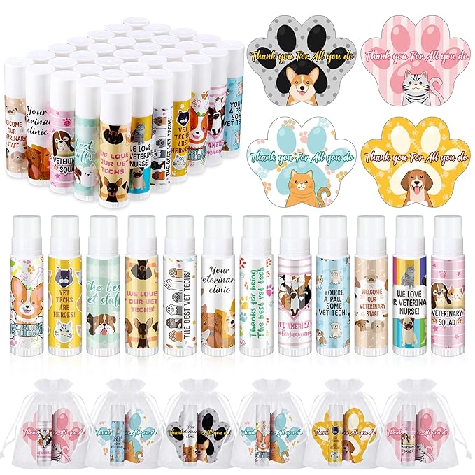 36 Sets Vet Tech Gift Animal Lip Balm Thank You Tag Organza Bag Veterinarian Appreciation Gifts Vet Tech Week Gift for Veterinary Technologist Nurse Birthday Christmas End of Year Supplies
