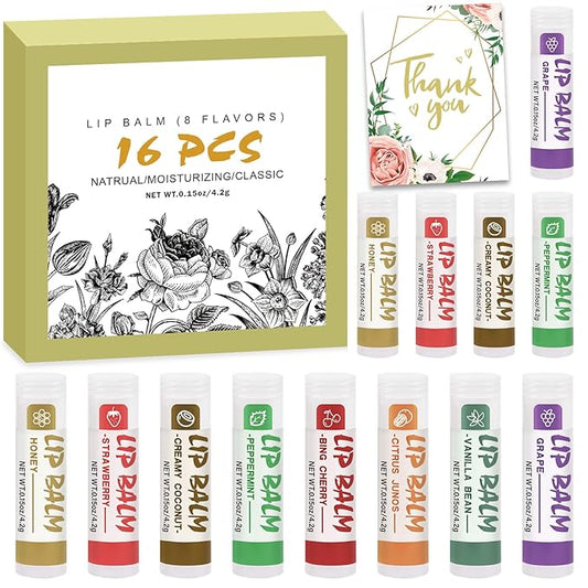 16 Pack Lip Balm, Natural Lip Balm Bulk with Vitamin E and Coconut Oil, Moisturizing Lip Balm for Dry Cracked Lips, Lip Balm for Stocking Stuffers - 8 Flavors
