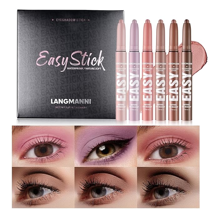 LANGMANNI Eyeshadow Stick, 6 PCS Waterproof Multi-Color Eyeshadow Pen Set, Creamy Long-Lasting Eye Makeup Kit, Natural & Shimmer Shades Contour Stick, Perfect Gifts For Women (#A)