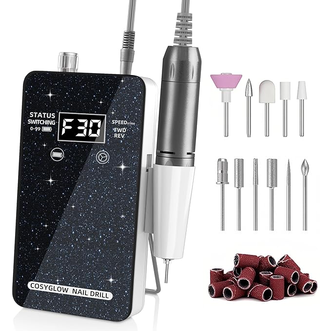 Professional Electric Nail Drill File:COSYGLOW Glitter Portable Cordless E-File Nail Drill Kit with 11 Drill Bits,30000 RPM Rechargeable Nail Drills Machine for Acrylic Nails Gel Polishing(Black)