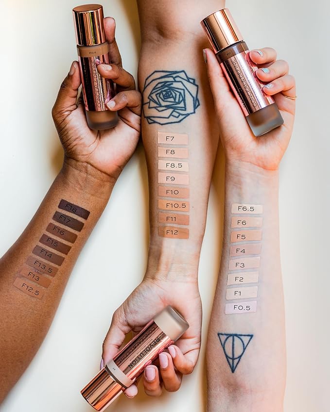 Revolution Beauty, Conceal & Define Foundation, Full Coverage, Long-Lasting Matte Finish, Vegan & Cruelty Free, F8 Light to Medium Skin Tones, 0.8 Fl.Oz.