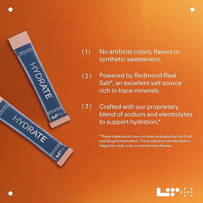 LTH Hydrate Hydration Mix - Trusted by Life Time Fitness Members - NSF Certified for Sport - Electrolyte Powder - Plant-Based, Non-GMO, Gluten Free - 15 Single-Serve Packets (Peach Mango) - 2-Pack