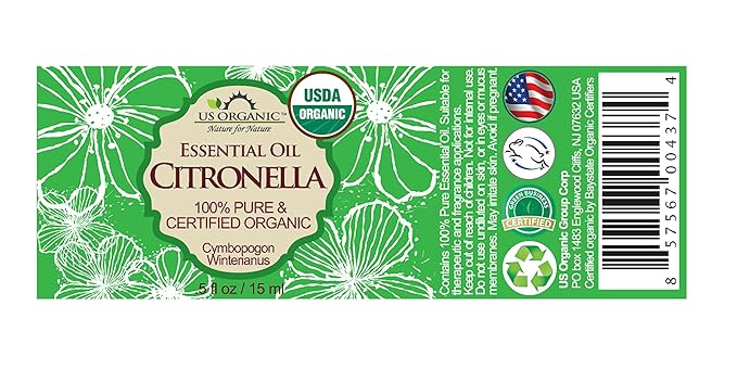 US Organic Citronella Essential Oil, USDA Certified, 100% Pure, 15 ml, Improved caps and droppers – Used for Skin Care, Many DIY Projects Like Candle Making and Much More