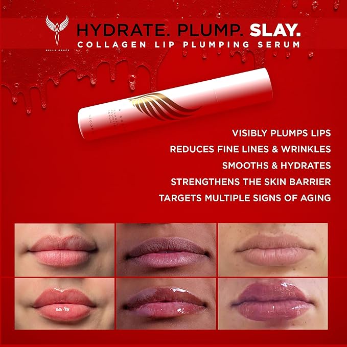 Bella Grace Vegan Collagen Lip Plumper Serum, Vitamin E, Peptides, Hydrating Lip Care Fuller Plumper Looking Lips, Supports Wrinkles, Fine Lines, Elasticity, Paraben, Sulfate & Cruelty Free, 0.1 fl oz