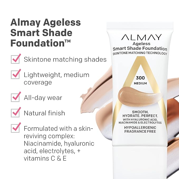 Almay Anti-Aging Foundation, Smart Shade Face Makeup with Hyaluronic Acid, Niacinamide, Vitamin C & E, Hypoallergenic-Fragrance Free, 700 Spice, 1 Fl Oz (Pack of 1)