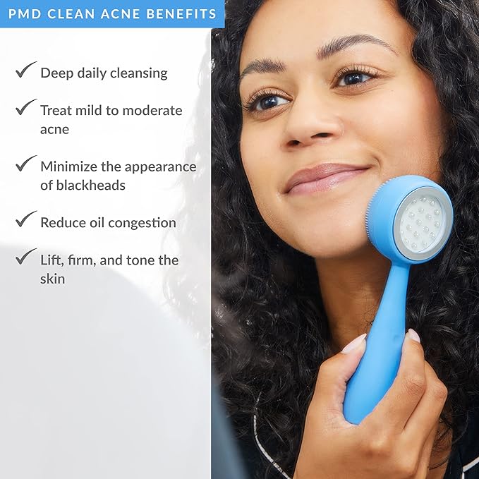 PMD Beauty Facial Cleansing Brush - Smart Silicone Brush with Blue Light Treatment - SonicGlow Vibration - Waterproof Device for Acne