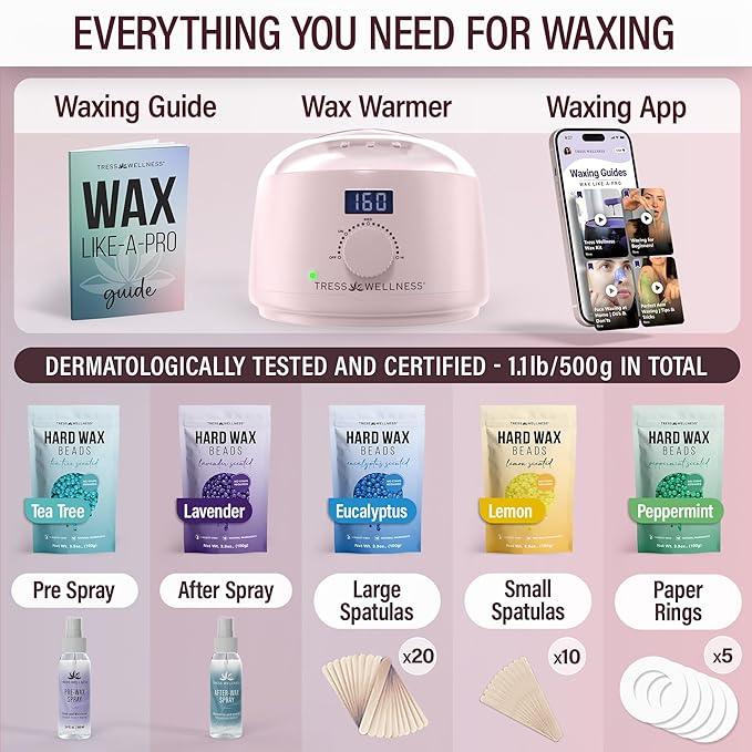 Tress Wellness Waxing Kit for Sensitive Skin – Safe for Face & Skin, Prep & Aftercare Spray, Easy to Use – At-Home Kit for Face, Bikini, Brazilian & Full Body - Digital Display, Pink