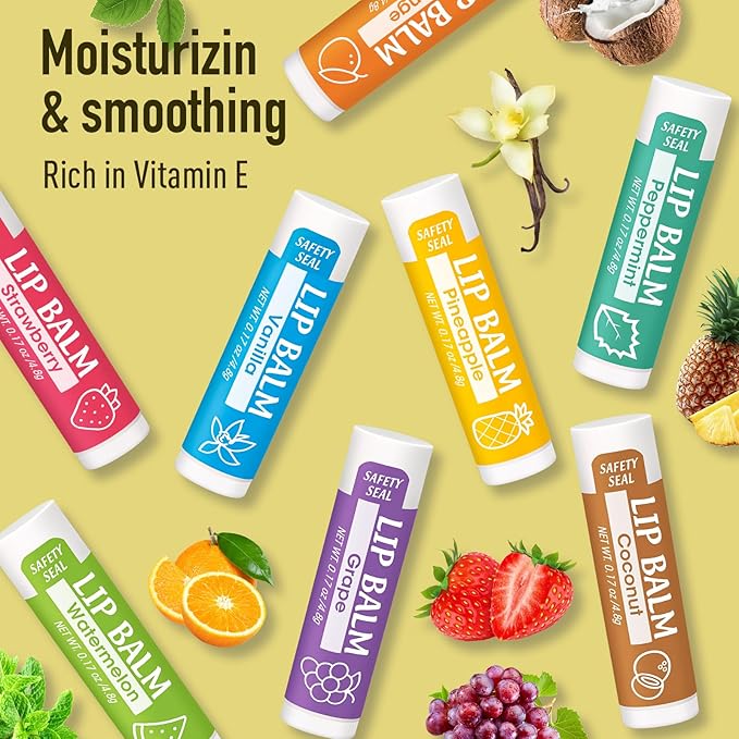 128 Pack Lip Balm, Natural Lip Balm Bulk with Vitamin E and Coconut Oil, Moisturizing Lip Balm for Dry Cracked Lips, Lip Balm for Stocking Stuffers - 8 Flavors