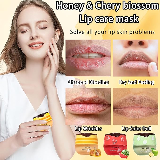 3 Pcs Bee Lip Balm Honey Pot with Stick,Moisturizing Lip Mask Overnight,Day and Night Tinted Sleeping Lip Balm,Hydrating Lip Scrubs Exfoliator & Moisturizer