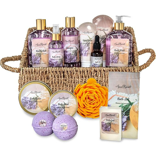 Bath Spa Gift Sets - Luxury Basket With Honey & Lavender - Spa Kit Includes Wash, Bubble Bath, Lotion, Bath Salts, Body Scrub, Body Spray, Shower Puff, Bathbombs, Soap and Towel