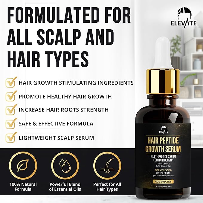 Elevate Multi-Peptide Hair Growth Serum Caffeine + Biotin Peptide Density for Fuller Thicker Visibly Longer Natural Hair Regrowth – Vegan Safe & Gentle Scalp Serum Formula Treatment for Thinning Loss