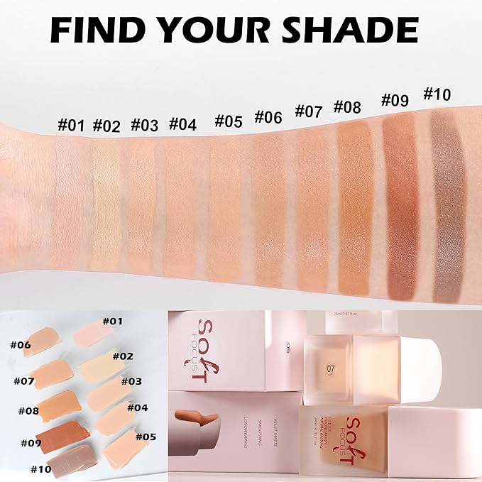 Soft Focus Liquid Concealer Foundation, Moisturizing High Coverage Liquid Foundation, Waterproof Long Lasting 24 HR Oil Control Foundation, Matte Lightweight Liquid Concealer for Women, 01