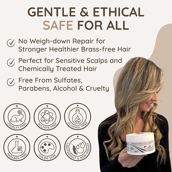 VITAMINS hair cosmetics Keratin Purple Hair Mask - Violet Blue Protein Deep Conditioner Treatment - Toner for Blonde Platinum Silver Gray Ash or Brown Colored Dry and Damaged Brassy Hair