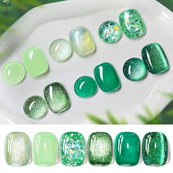 Born Pretty Gel Nail Polish Green Series,Jelly Transparent Gel Nail Polish, Cat Magnetic Eye,Shimmer Glitter Holographic Green Gel Polish Kit for Salon Manicure and Nail Art DIY at Home 6PCS 7ml